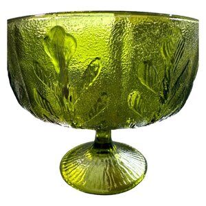 1975 MID CENTURY RETRO ART DECO FOOTED ROUND DESSERT CANDY NUT DISH GREEN VINTAG